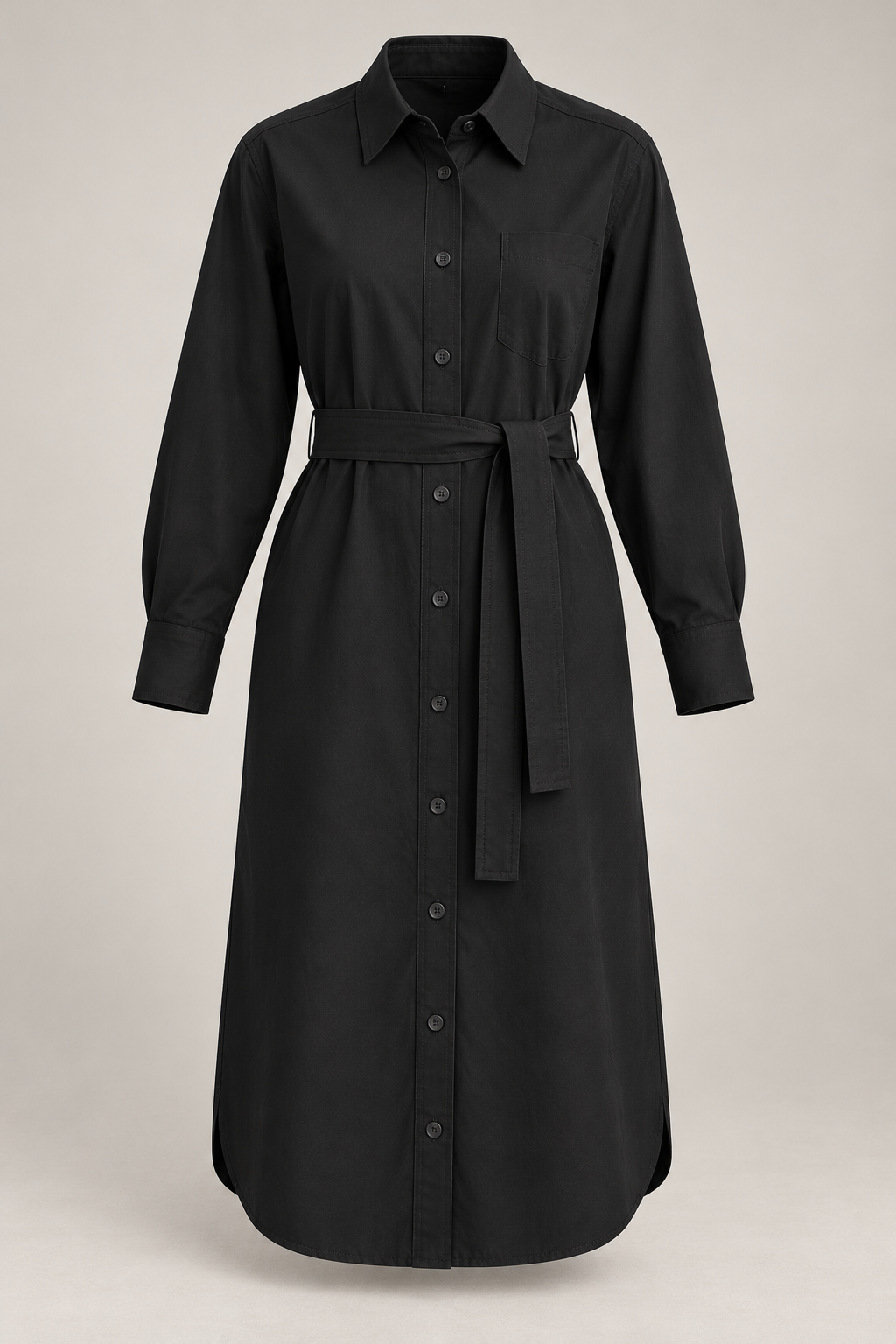 Belted Shirt Dress in Ink black — Front