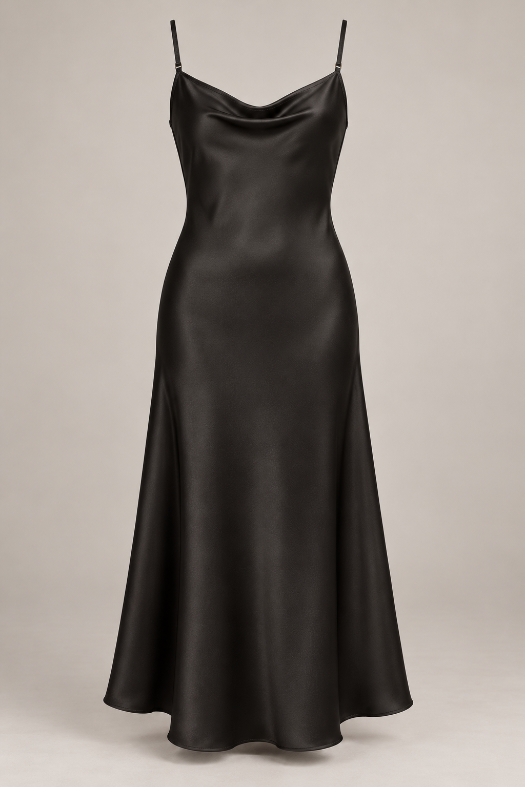 Bias Satin Midi Dress in Ink black — Front