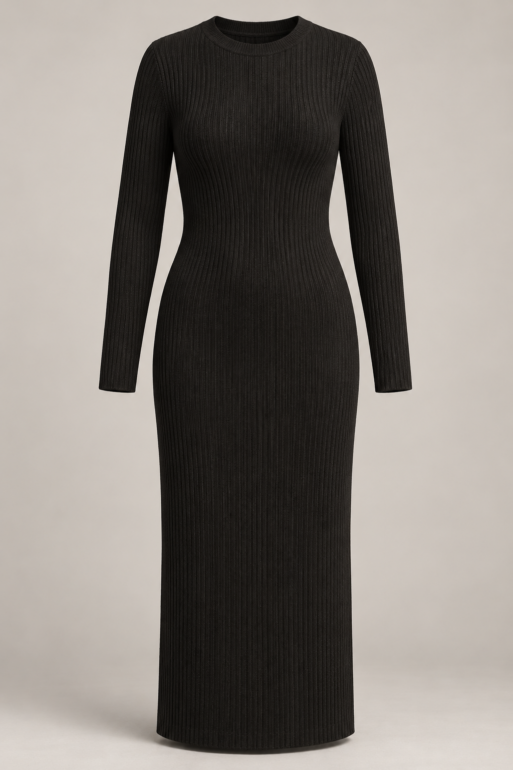 Ribbed Knit Midi Dress in Ink black — Front