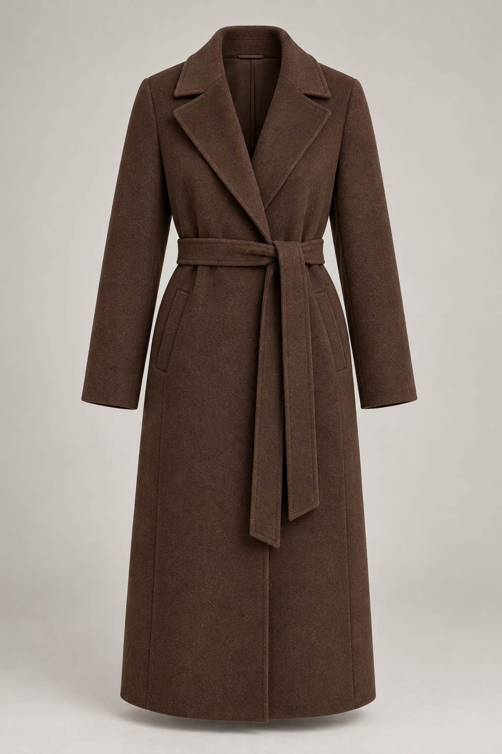 Belted Wool-Blend Coat in Dark chocolate — Front
