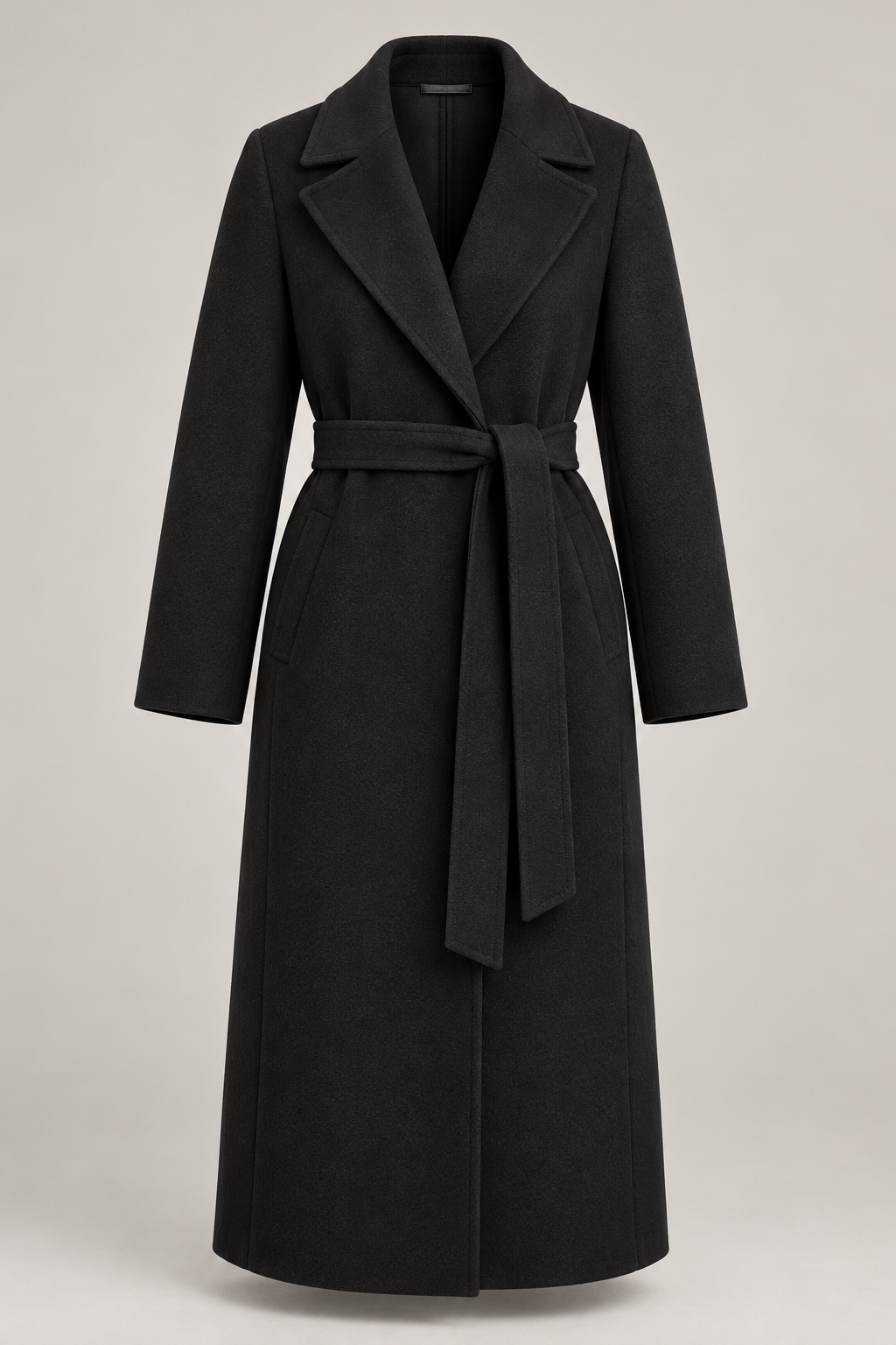 Belted Wool-Blend Coat in Ink black — Front