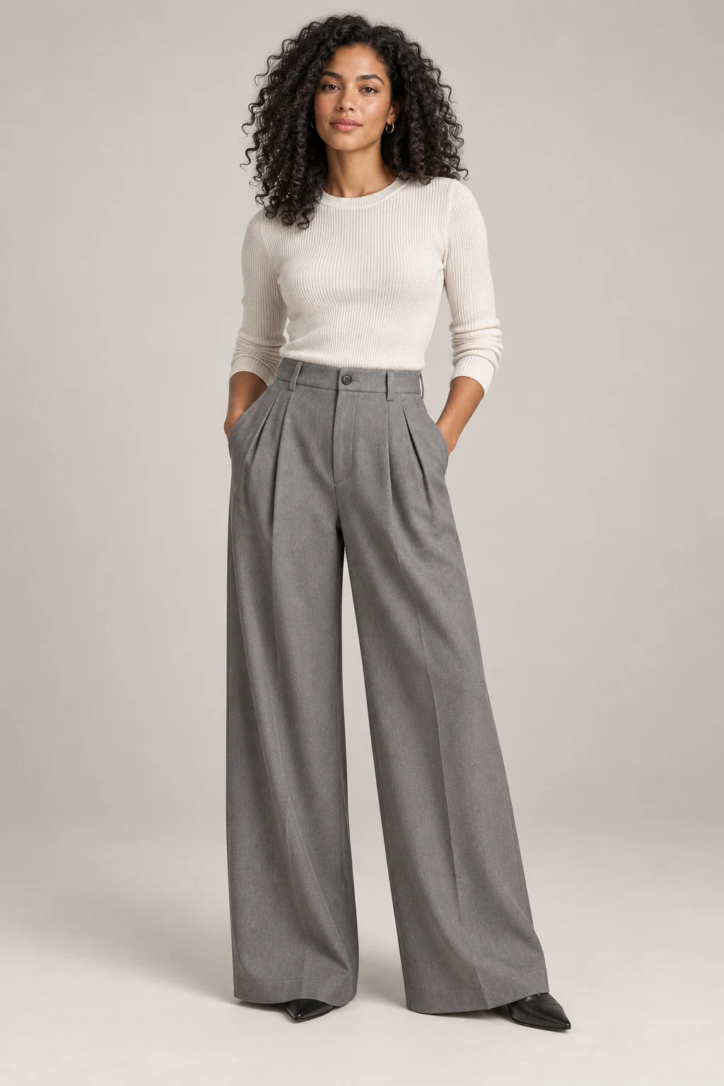 Pleated Wide-Leg Trouser in Dove grey — On model