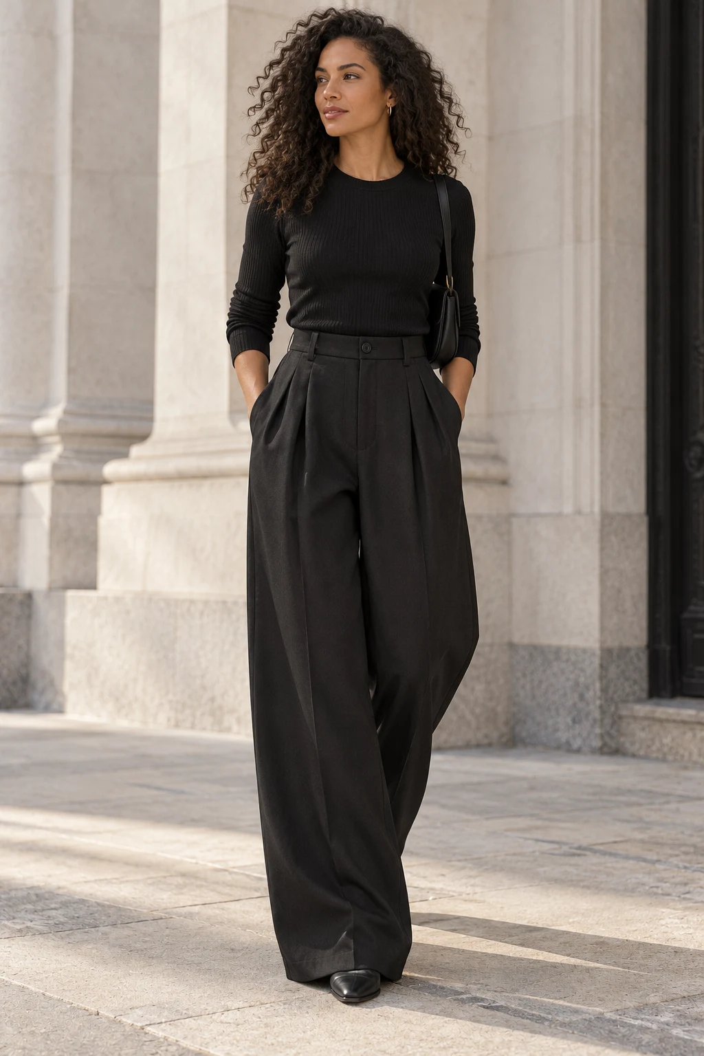 Pleated Wide-Leg Trouser in Ink black — In the city