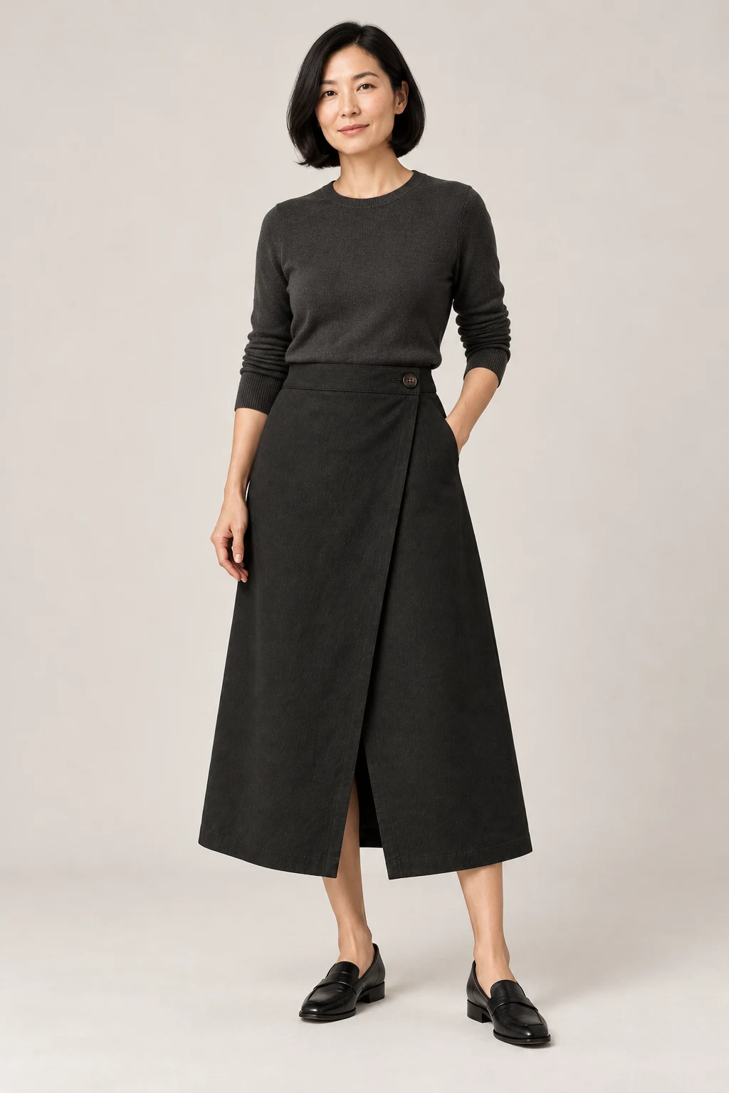 Wrap Midi Skirt in Ink black — On model