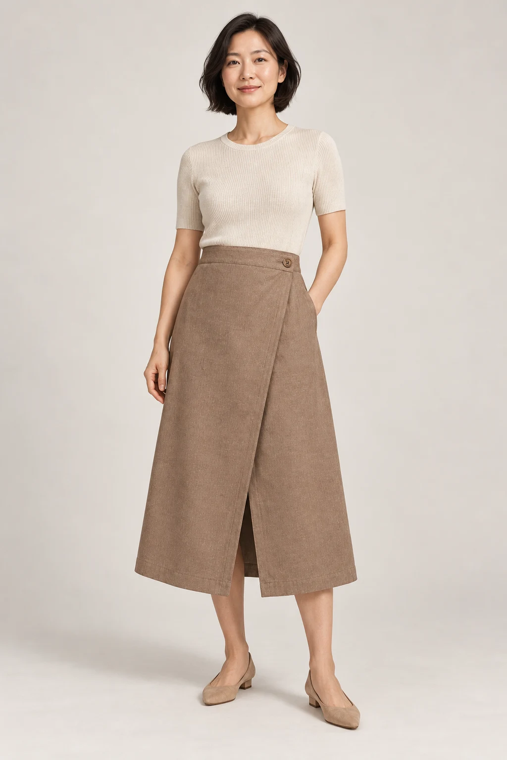 Wrap Midi Skirt in Warm taupe — On model