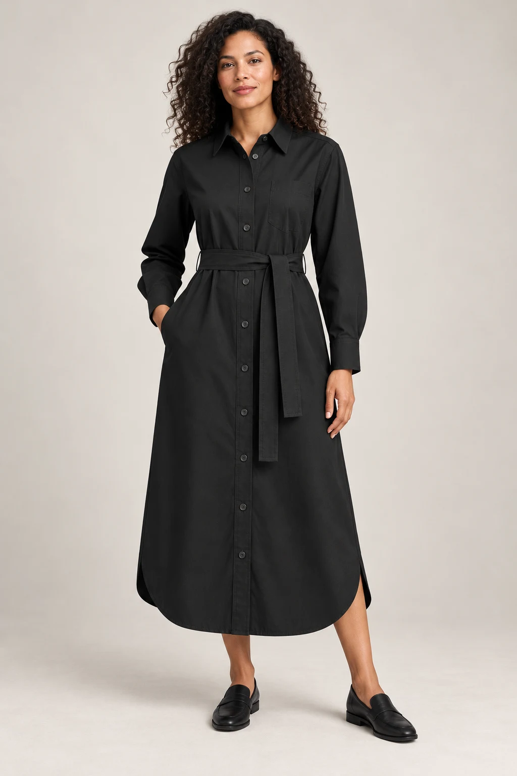 Belted Shirt Dress in Ink black — On model