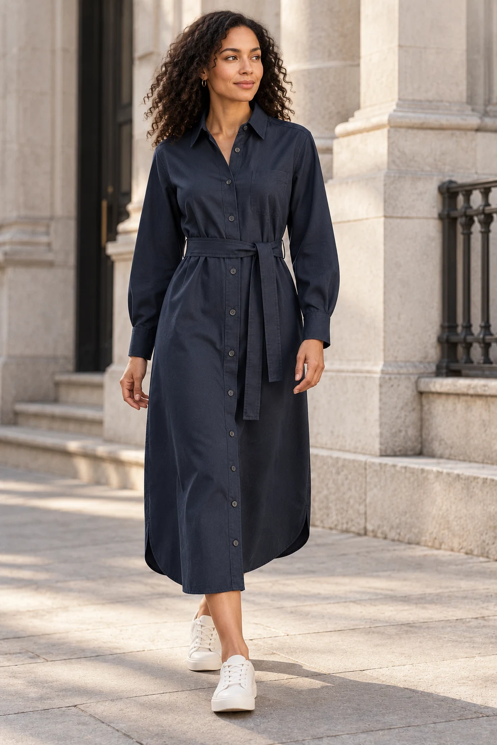 Belted Shirt Dress in Midnight navy — In the city