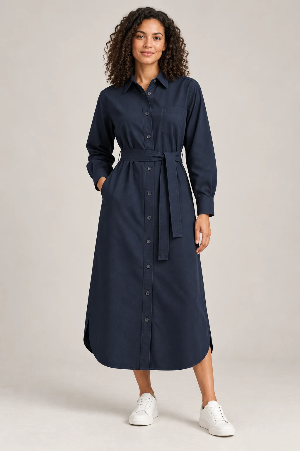 Belted Shirt Dress in Midnight navy — On model