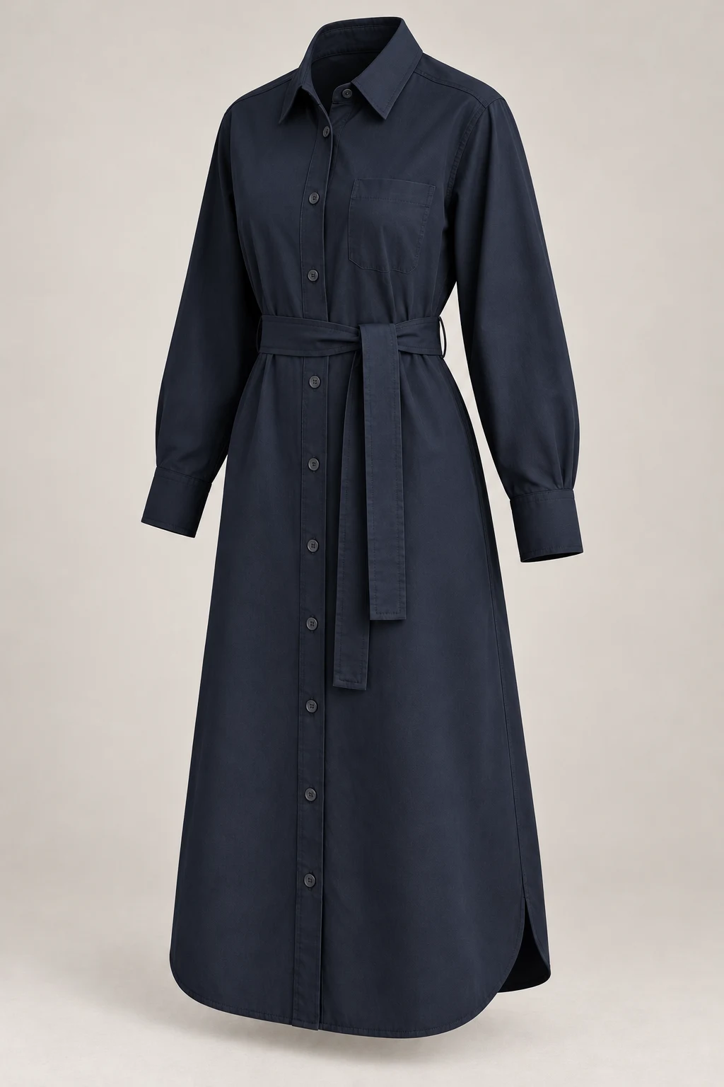 Belted Shirt Dress in Midnight navy — Three-quarter