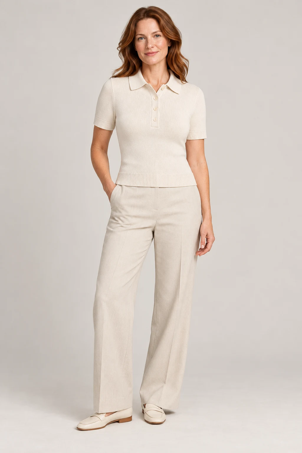 Compact Knit Polo in Chalk — On model