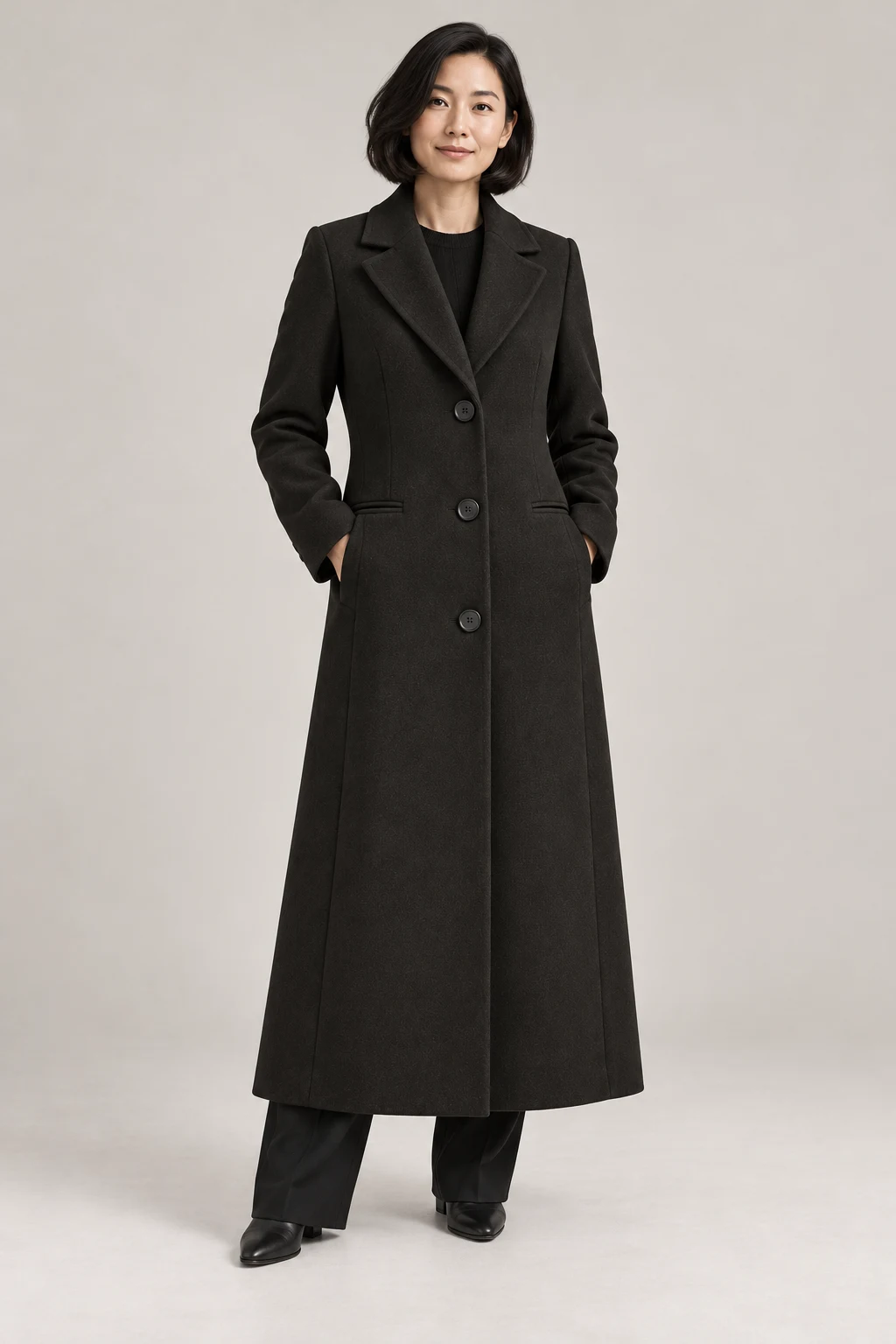 Long City Coat in Ink black — On model