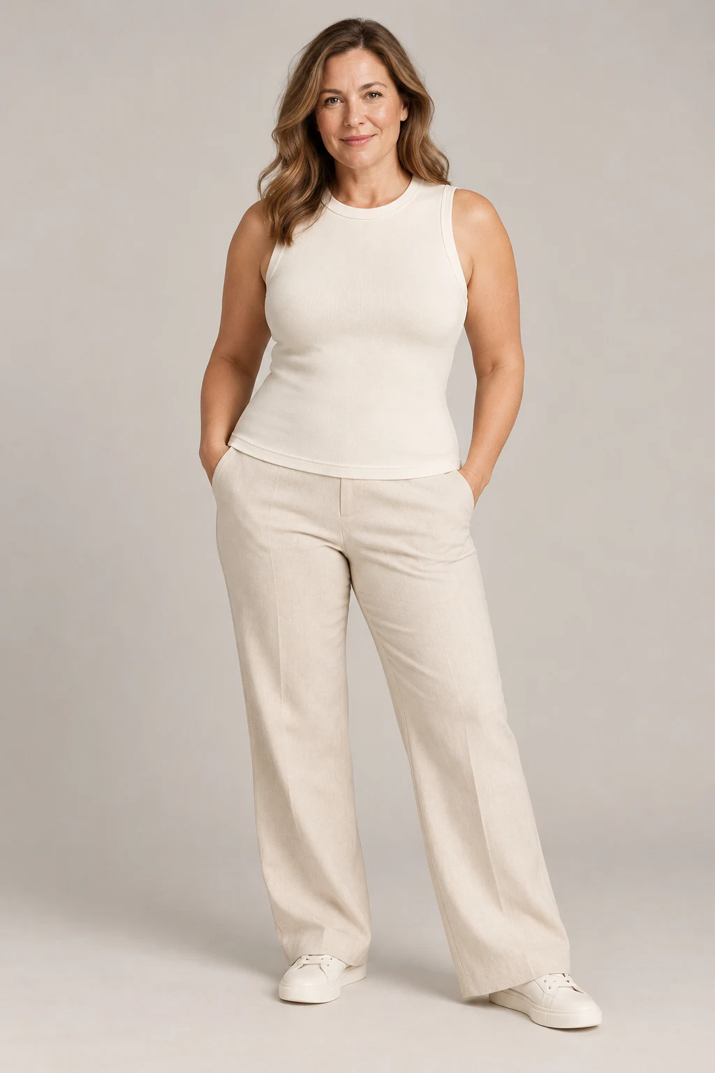 Sculpted Jersey Shell in Ivory — On model