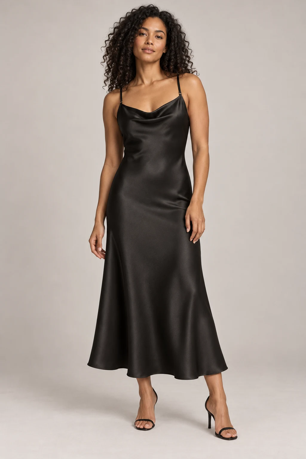 Bias Satin Midi Dress in Ink black — On model