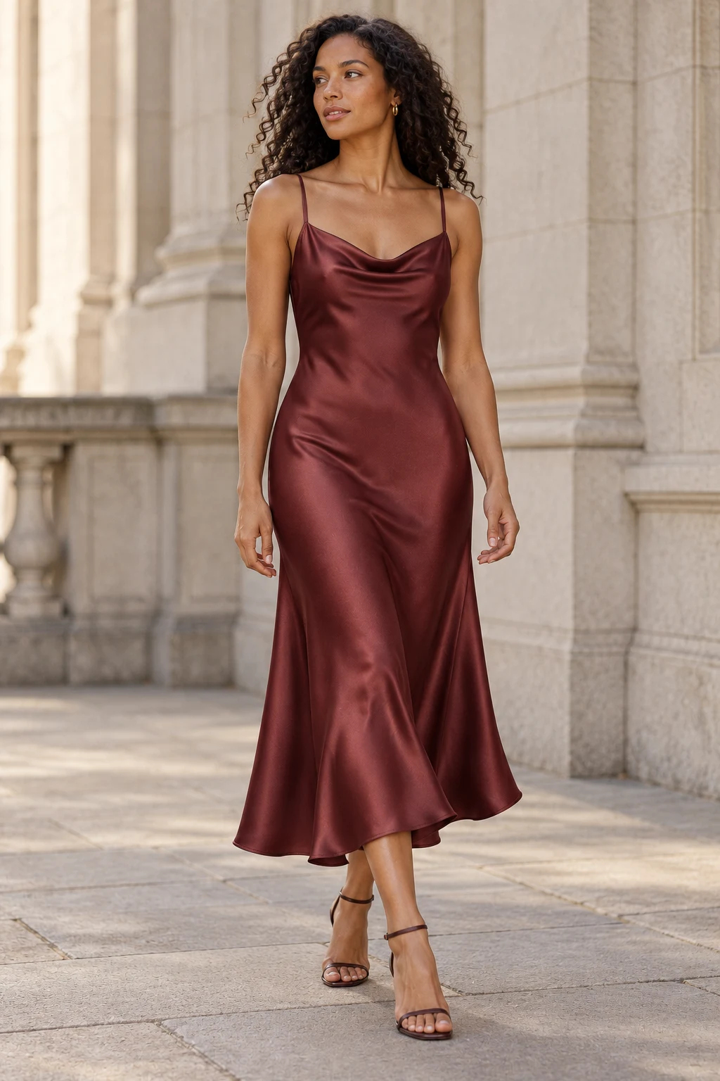 Bias Satin Midi Dress in Oxblood — In the city