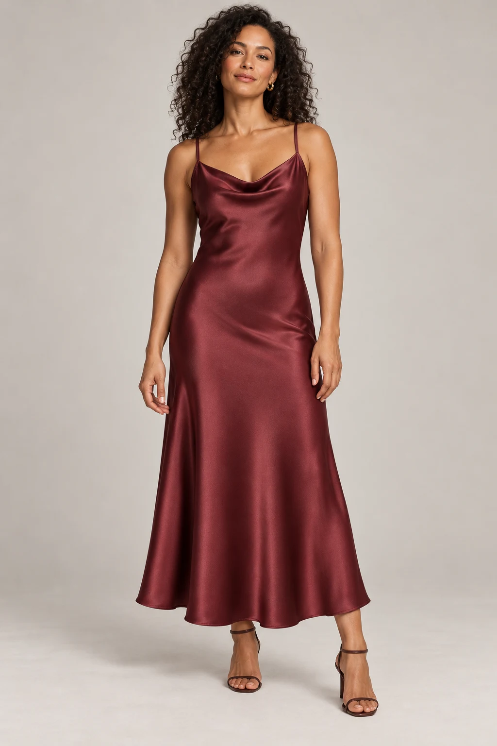 Bias Satin Midi Dress in Oxblood — On model