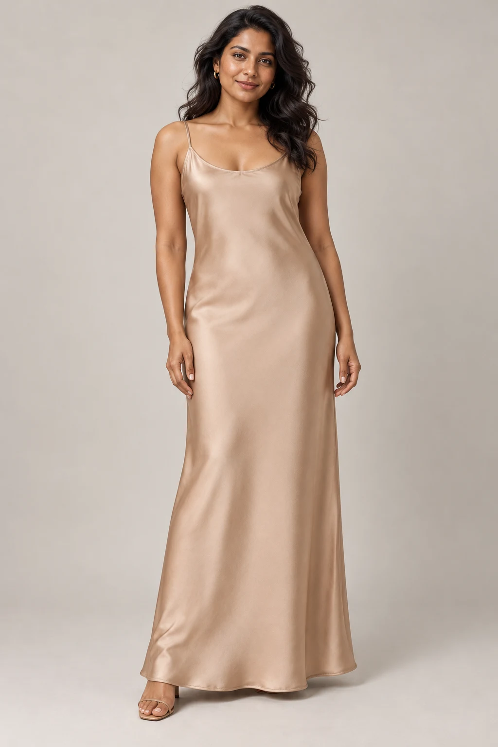 Column Slip Dress in Champagne — On model