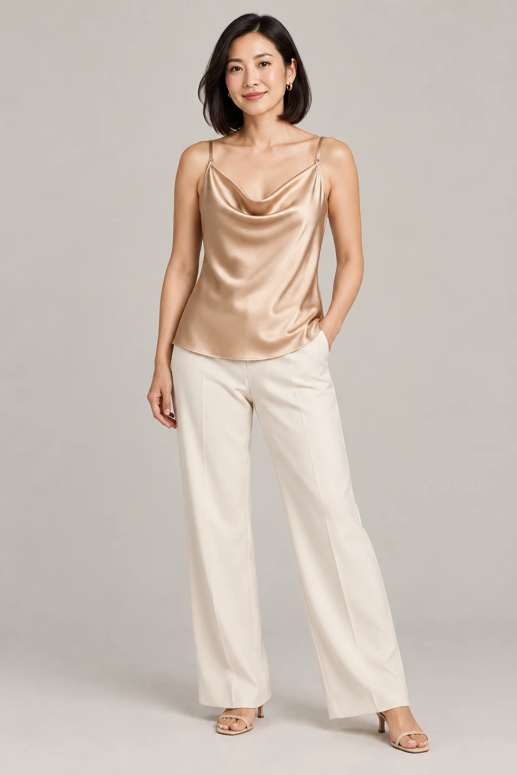Satin Cowl Camisole in Champagne — On model