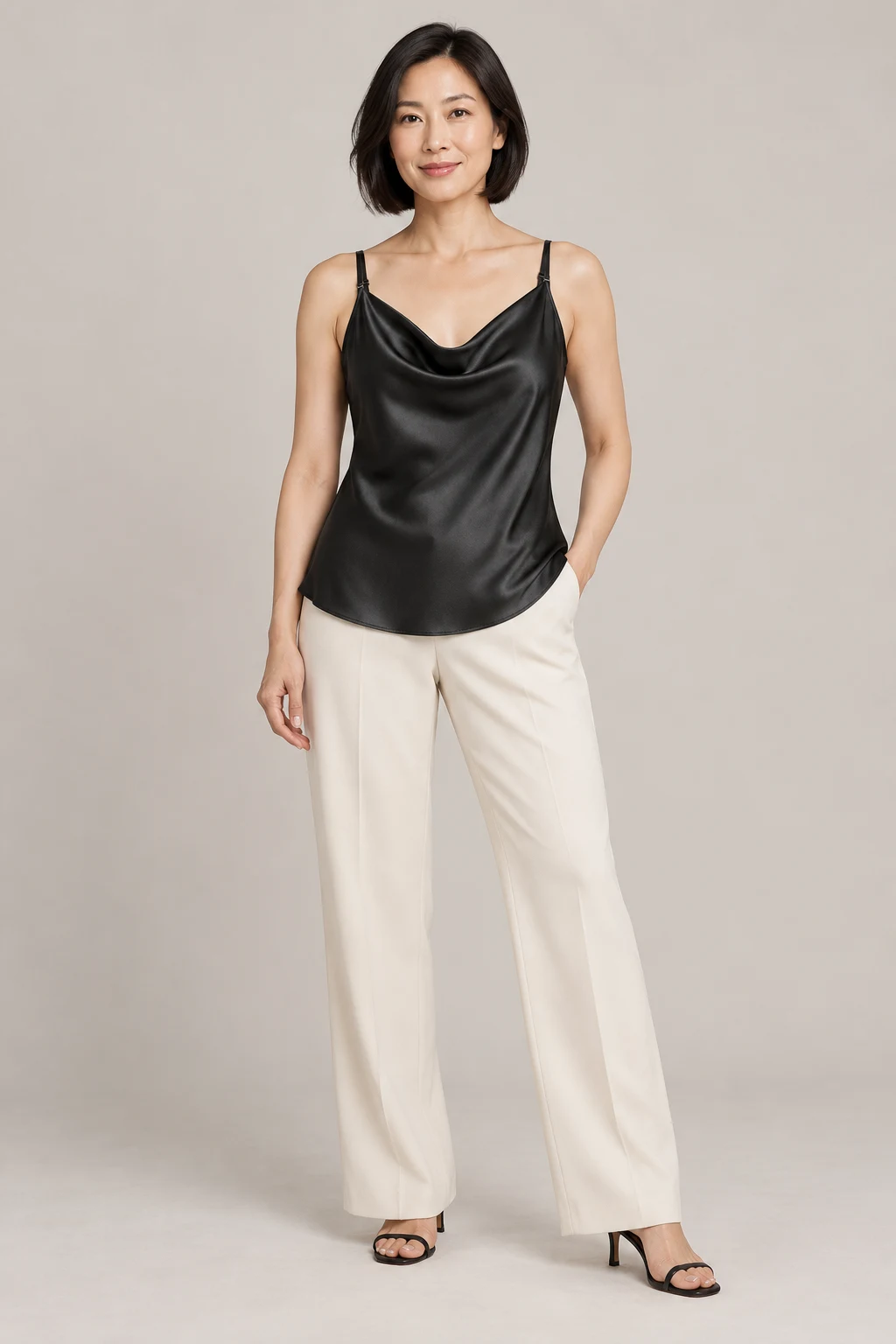 Satin Cowl Camisole in Ink black — On model