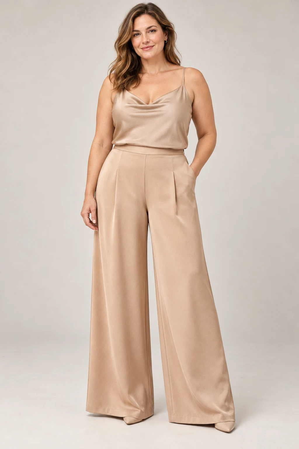 Fluid Evening Trouser in Champagne — On model