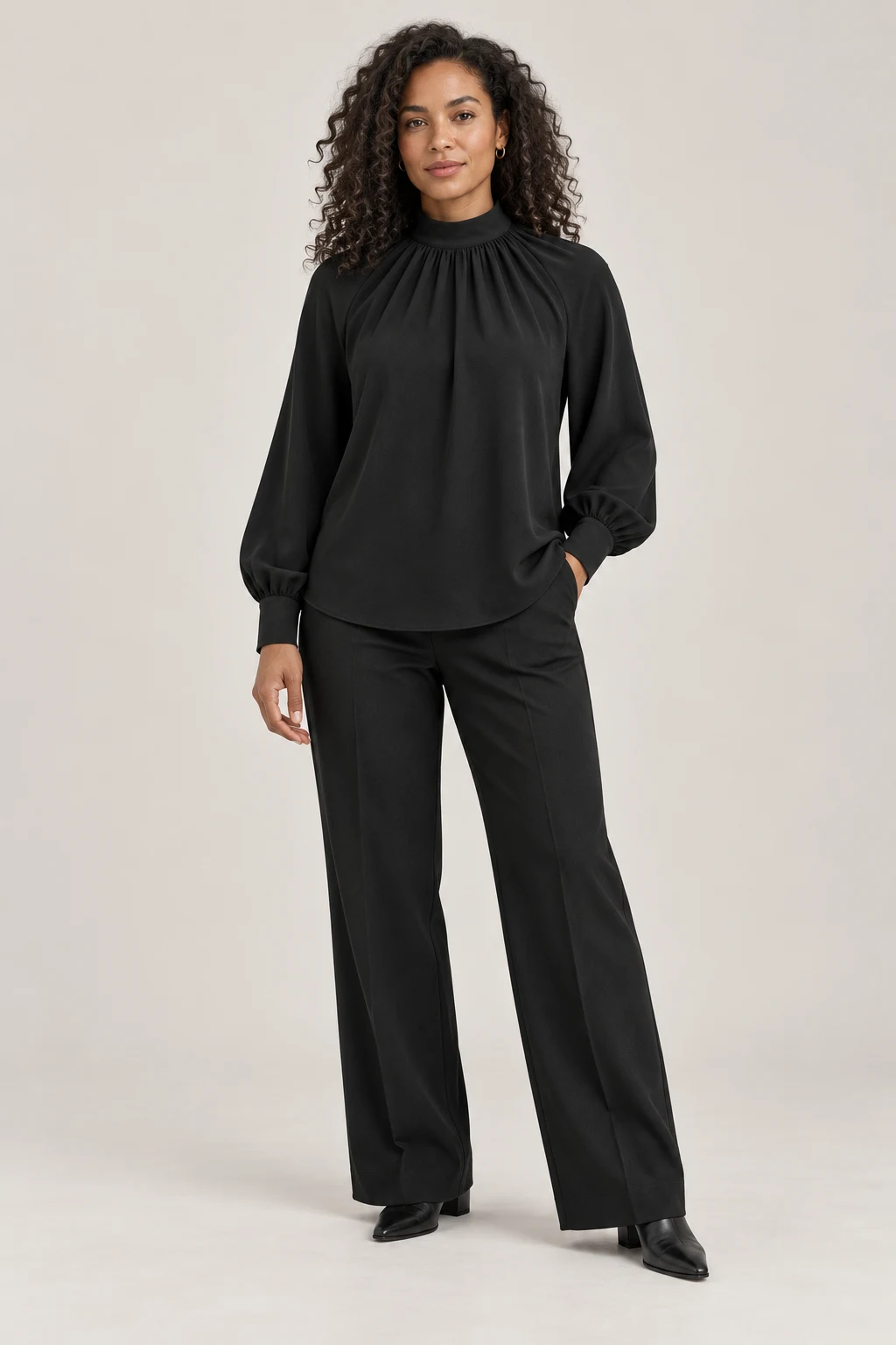 Gathered Neck Blouse in Ink black — On model
