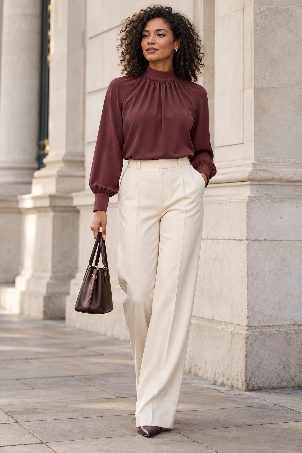 Gathered Neck Blouse in Oxblood — In the city