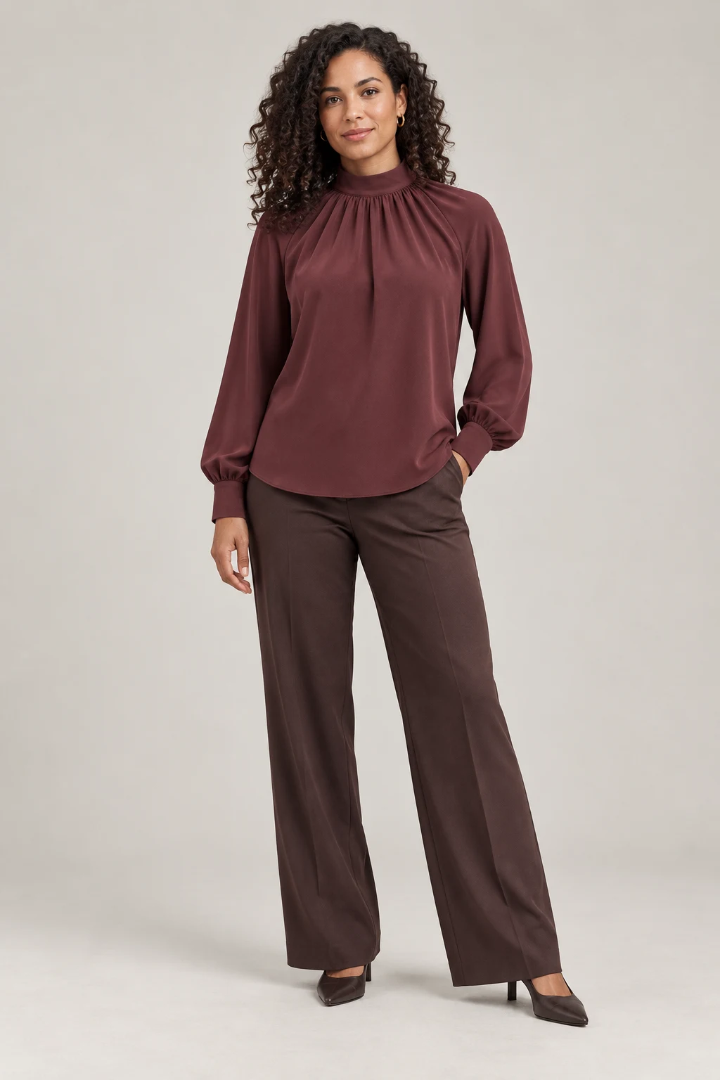 Gathered Neck Blouse in Oxblood — On model