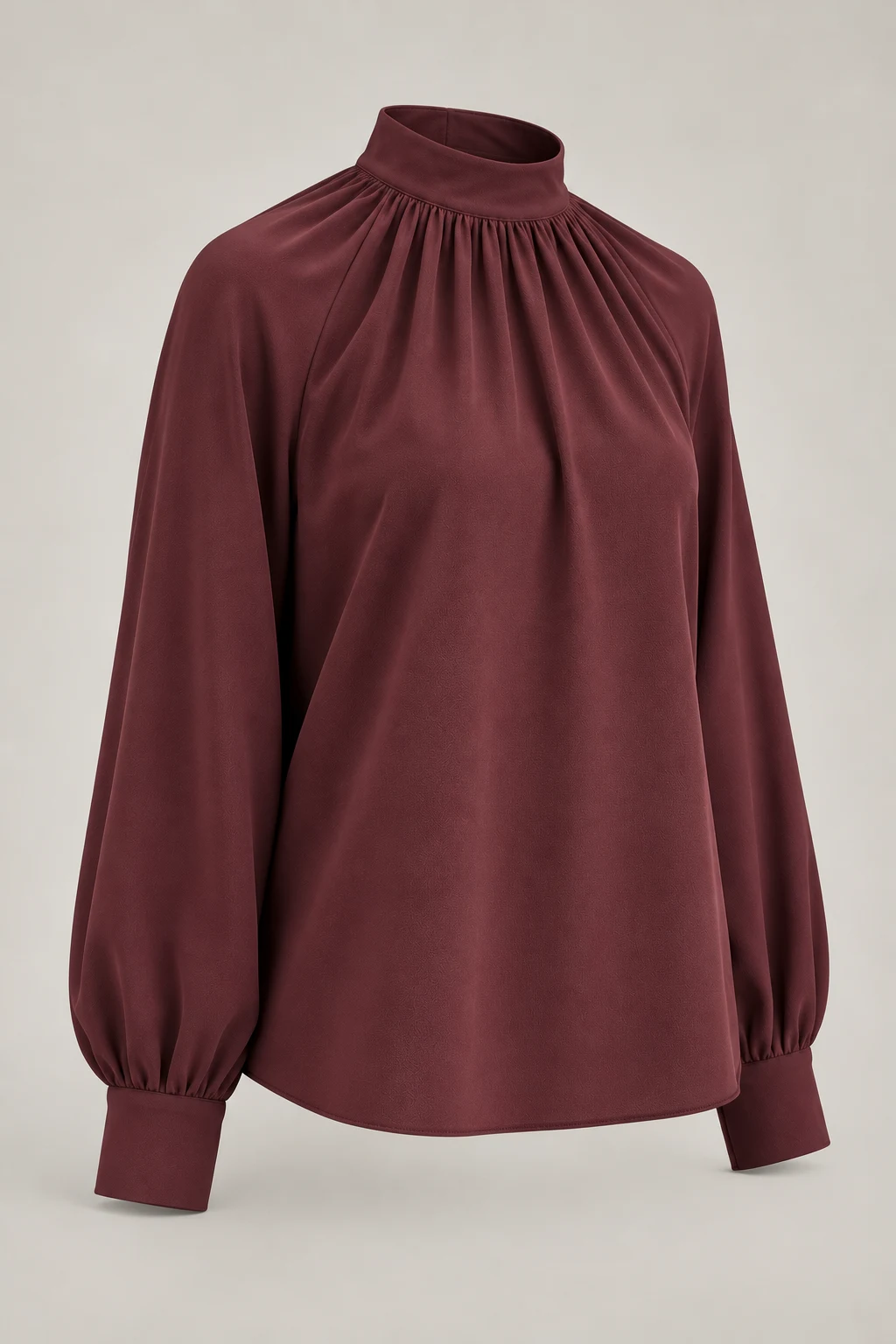 Gathered Neck Blouse in Oxblood — Three-quarter
