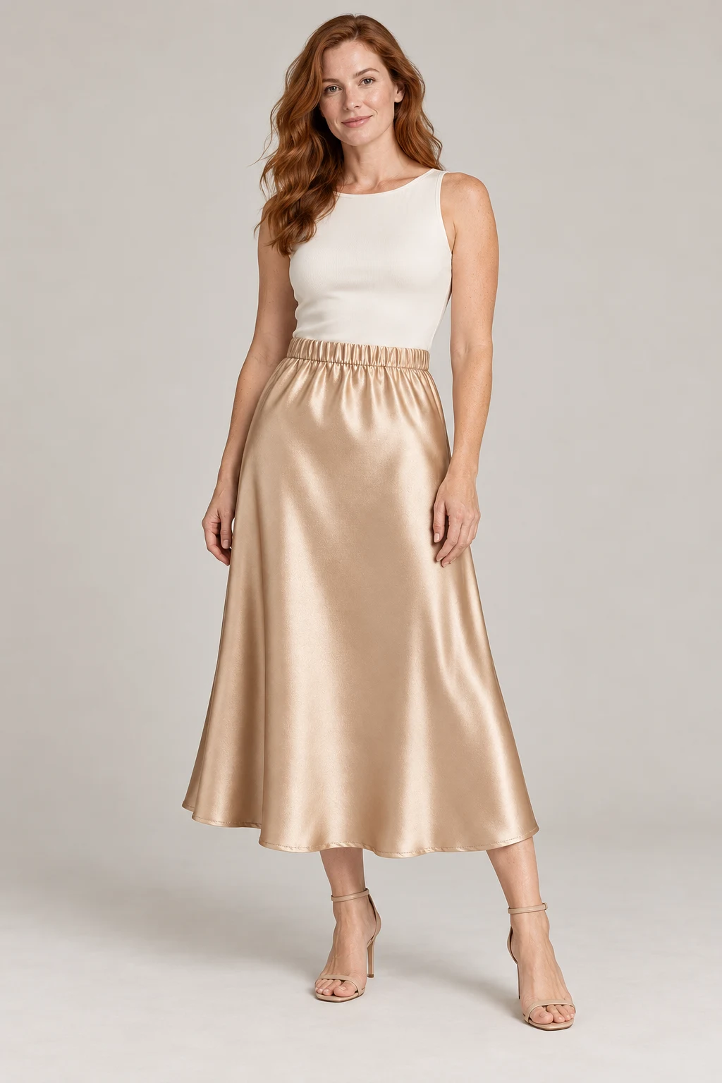 Liquid Satin Midi Skirt in Champagne — On model