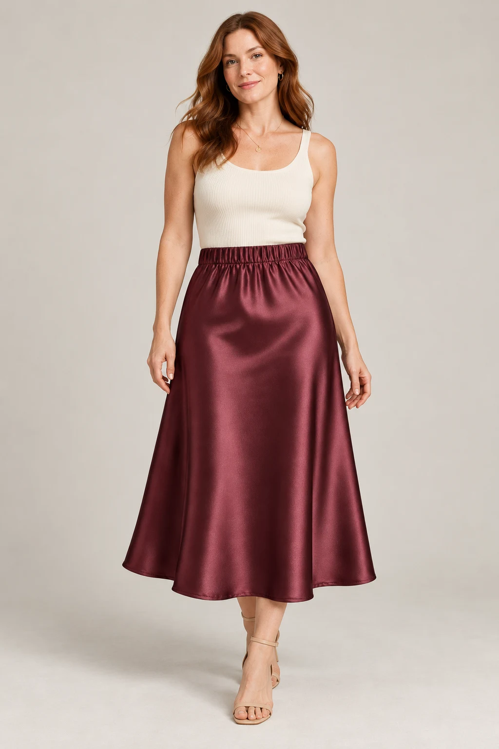 Liquid Satin Midi Skirt in Oxblood — On model