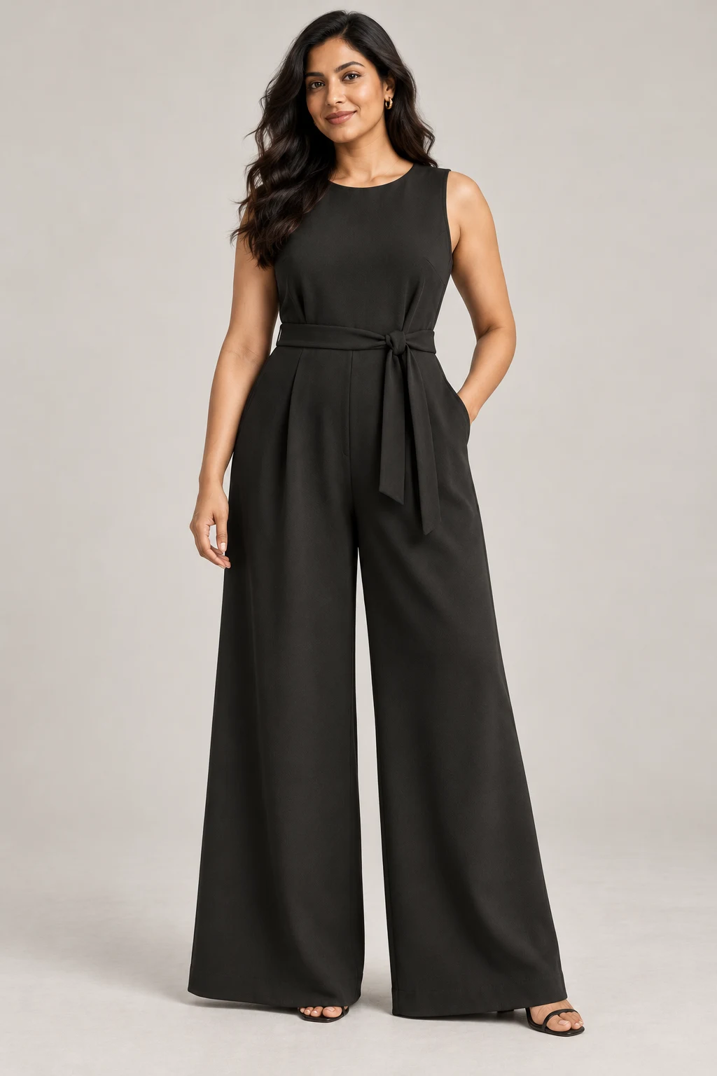Soft Crepe Jumpsuit in Ink black — On model