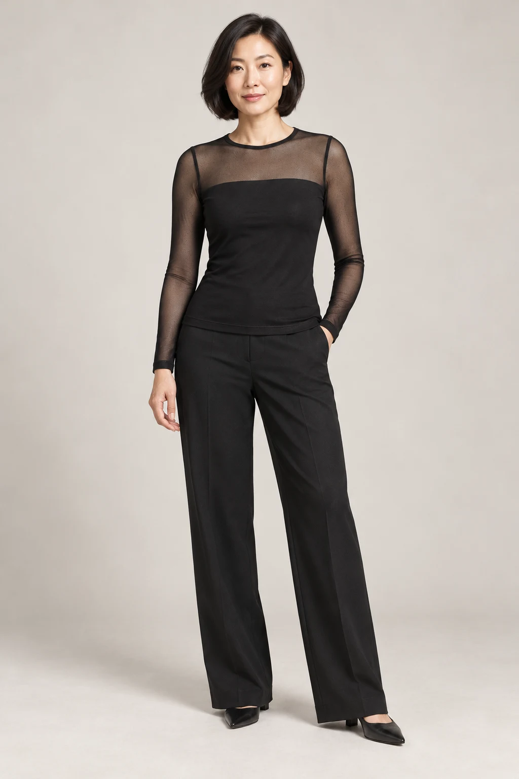 Sheer-Panel Knit Top in Ink black — On model