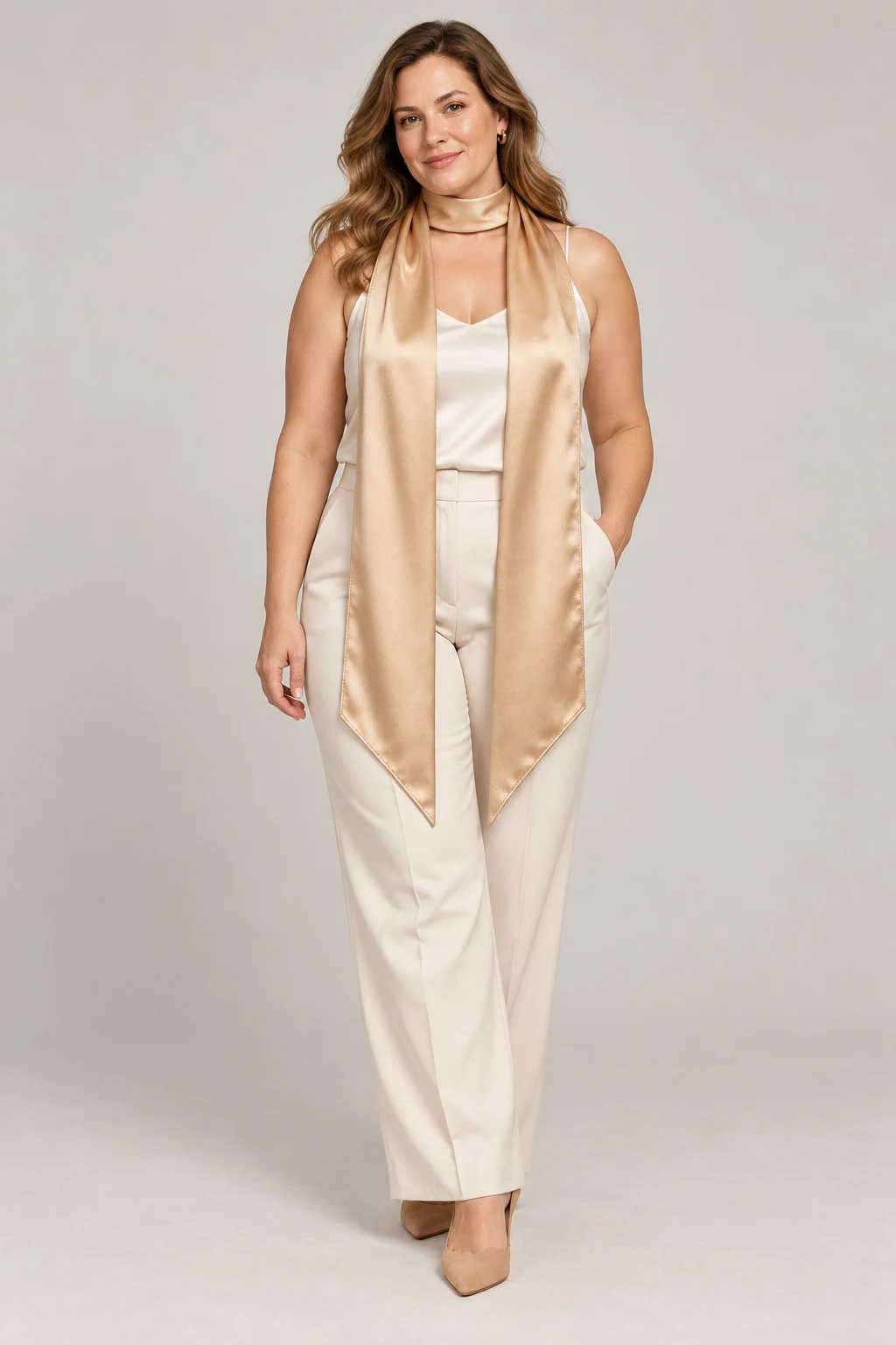 Narrow Evening Scarf in Champagne — On model