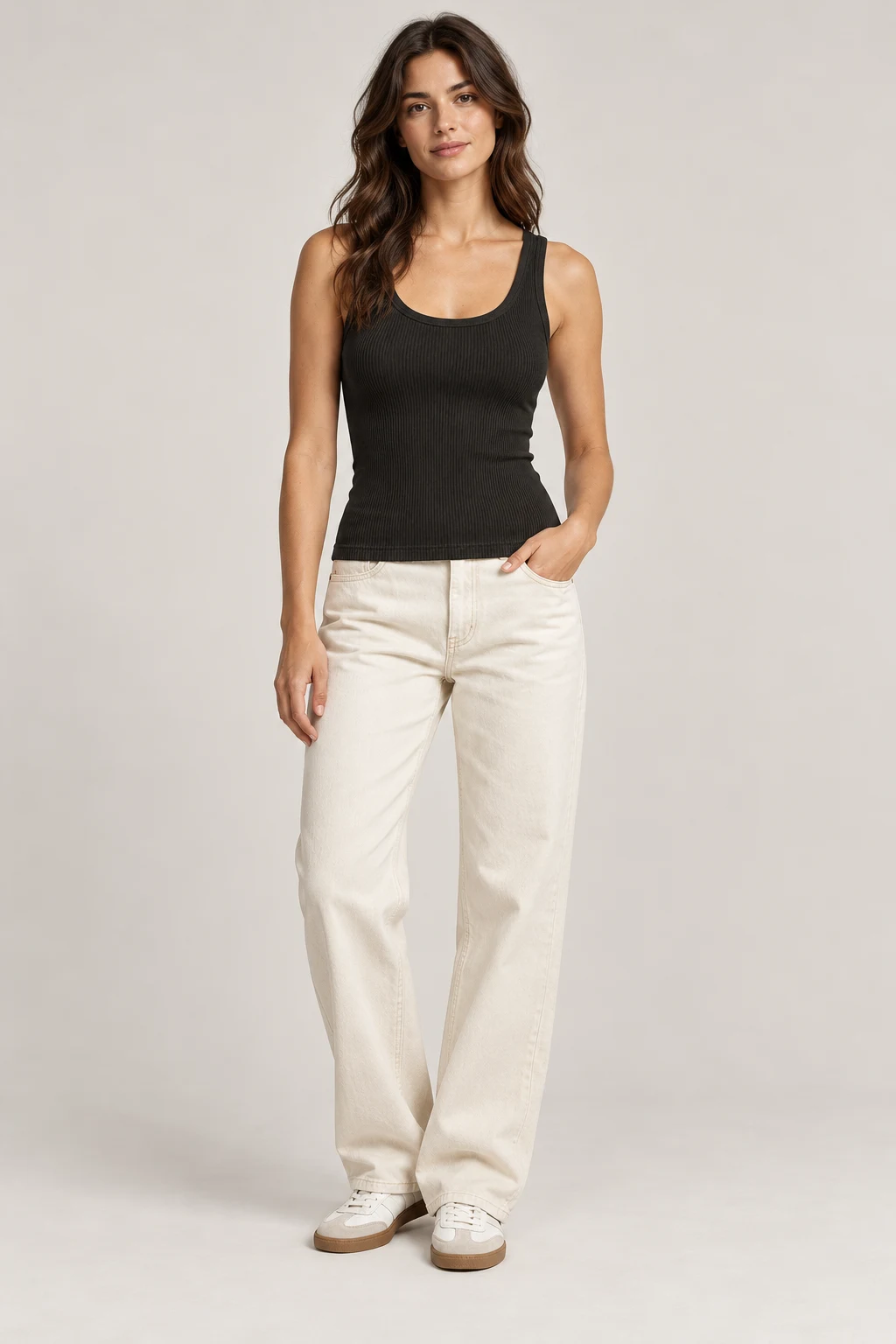 Fine Rib Tank in Ink black — On model