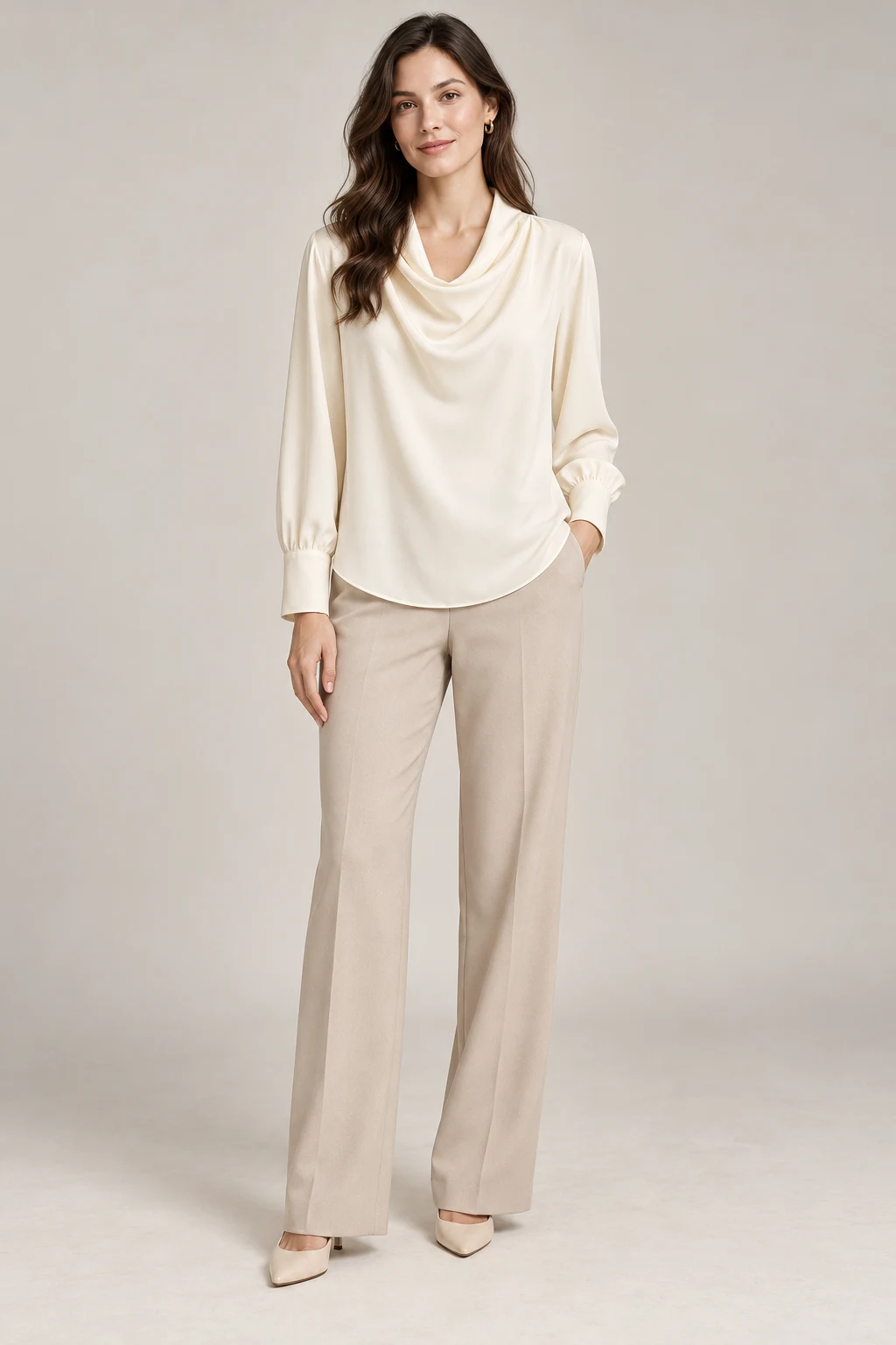 Soft Drape Blouse in Ivory — On model