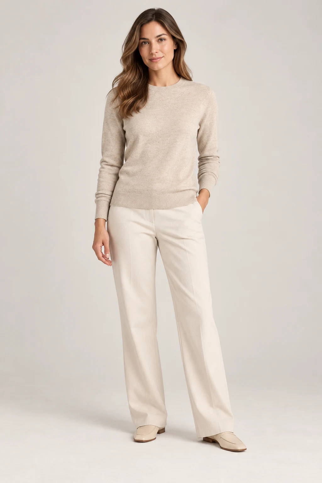 Fine Gauge Crew in Oatmeal — On model