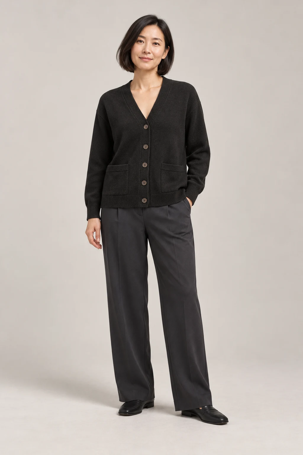 Soft V Cardigan in Ink black — On model