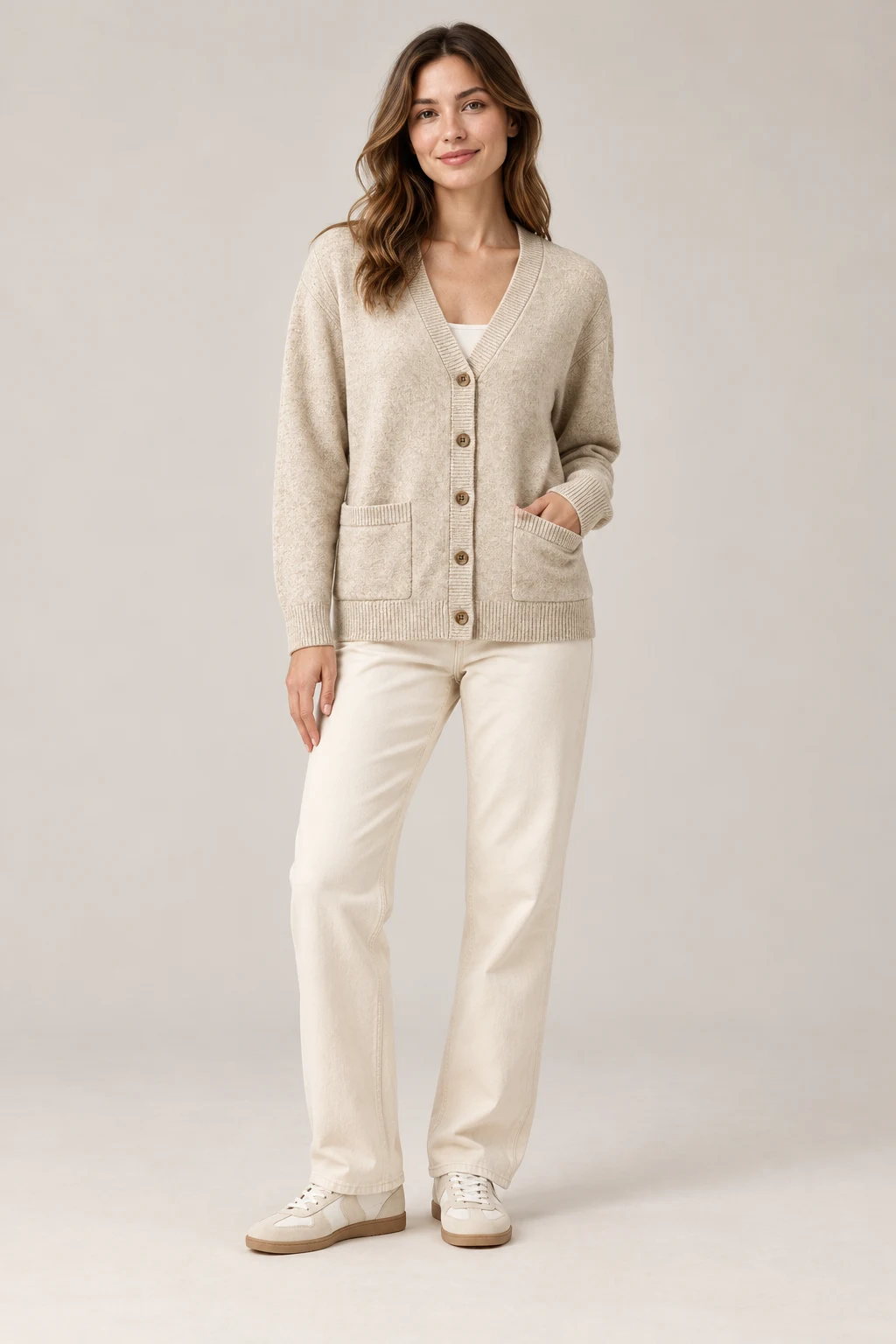 Soft V Cardigan in Oatmeal — On model