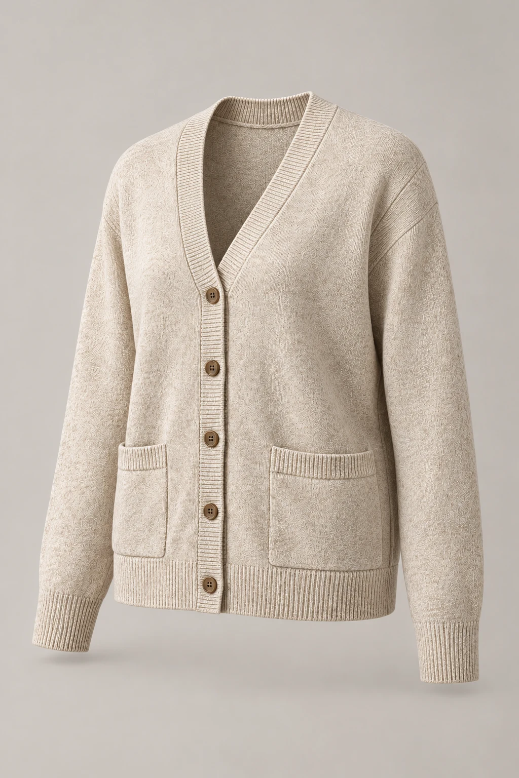 Soft V Cardigan in Oatmeal — Three-quarter