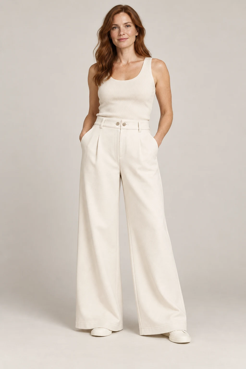 Wide Jersey Trouser in Chalk — On model