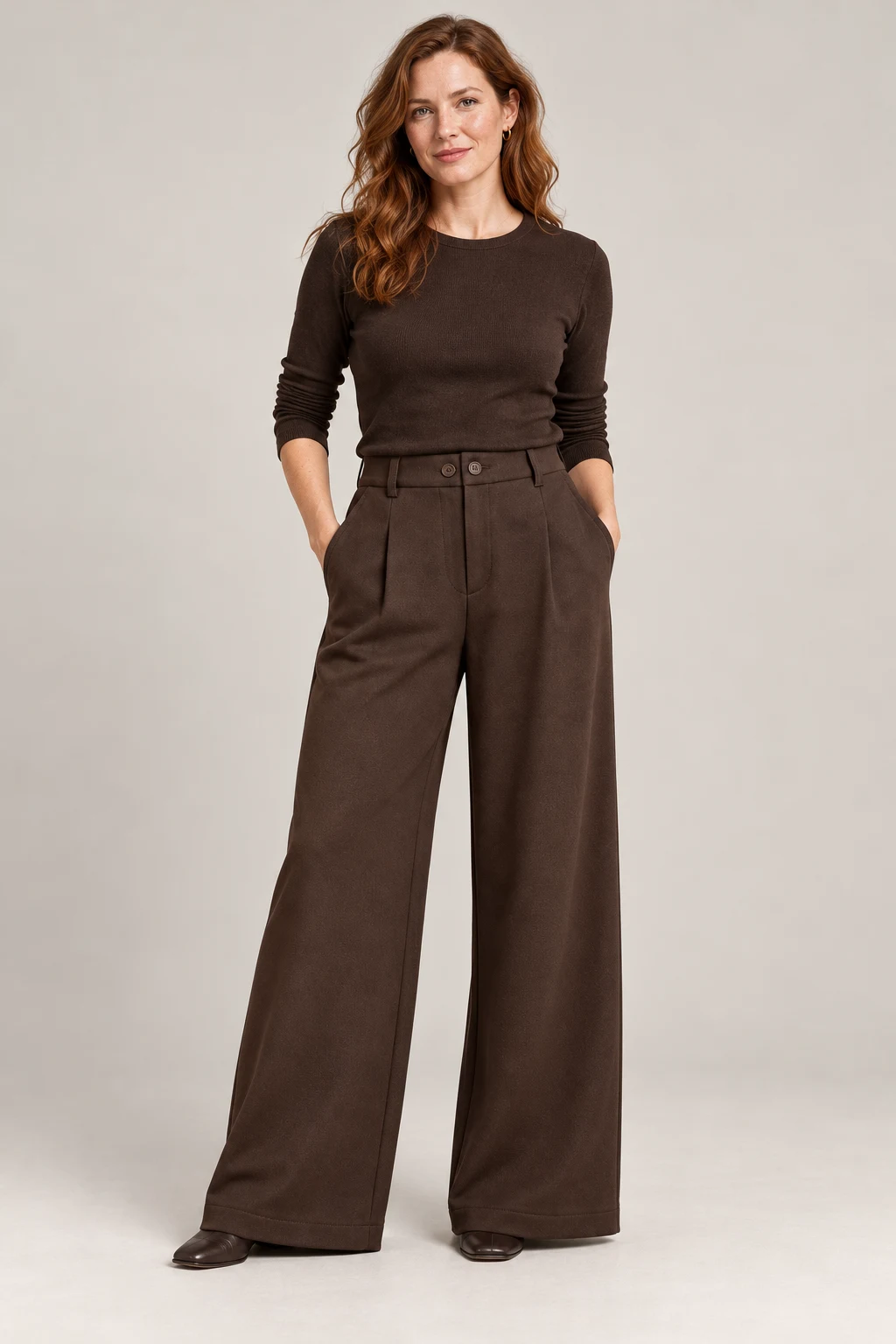 Wide Jersey Trouser in Dark chocolate — On model