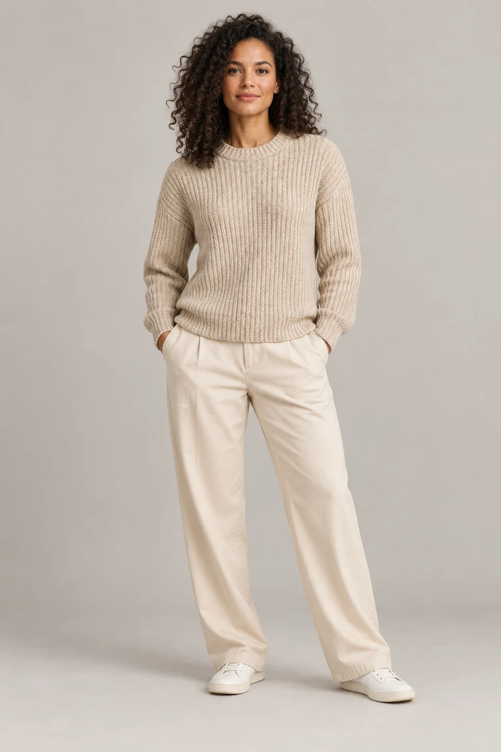 Ribbed Wool-Blend Jumper in Oatmeal — On model
