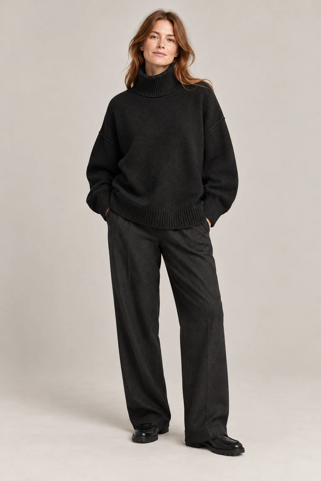 Oversized Roll Neck in Ink black — On model