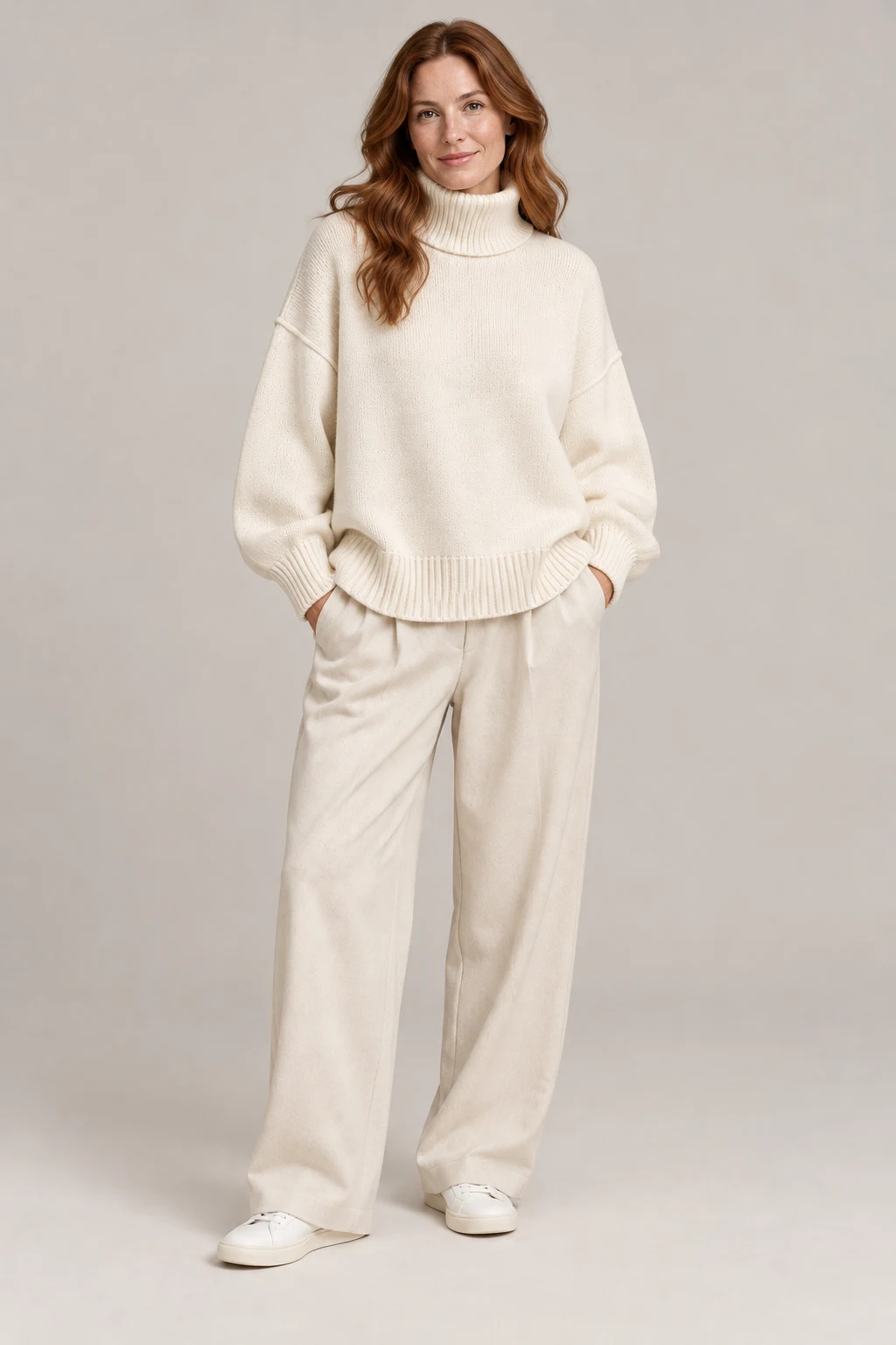 Oversized Roll Neck in Ivory — On model