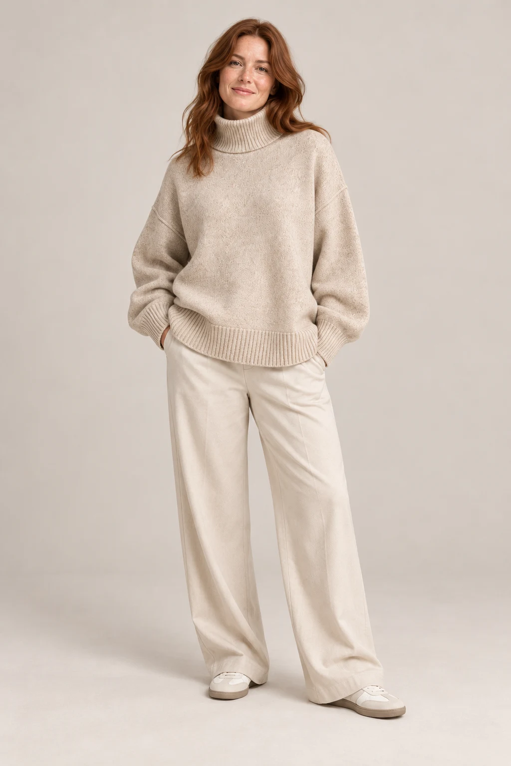 Oversized Roll Neck in Oatmeal — On model