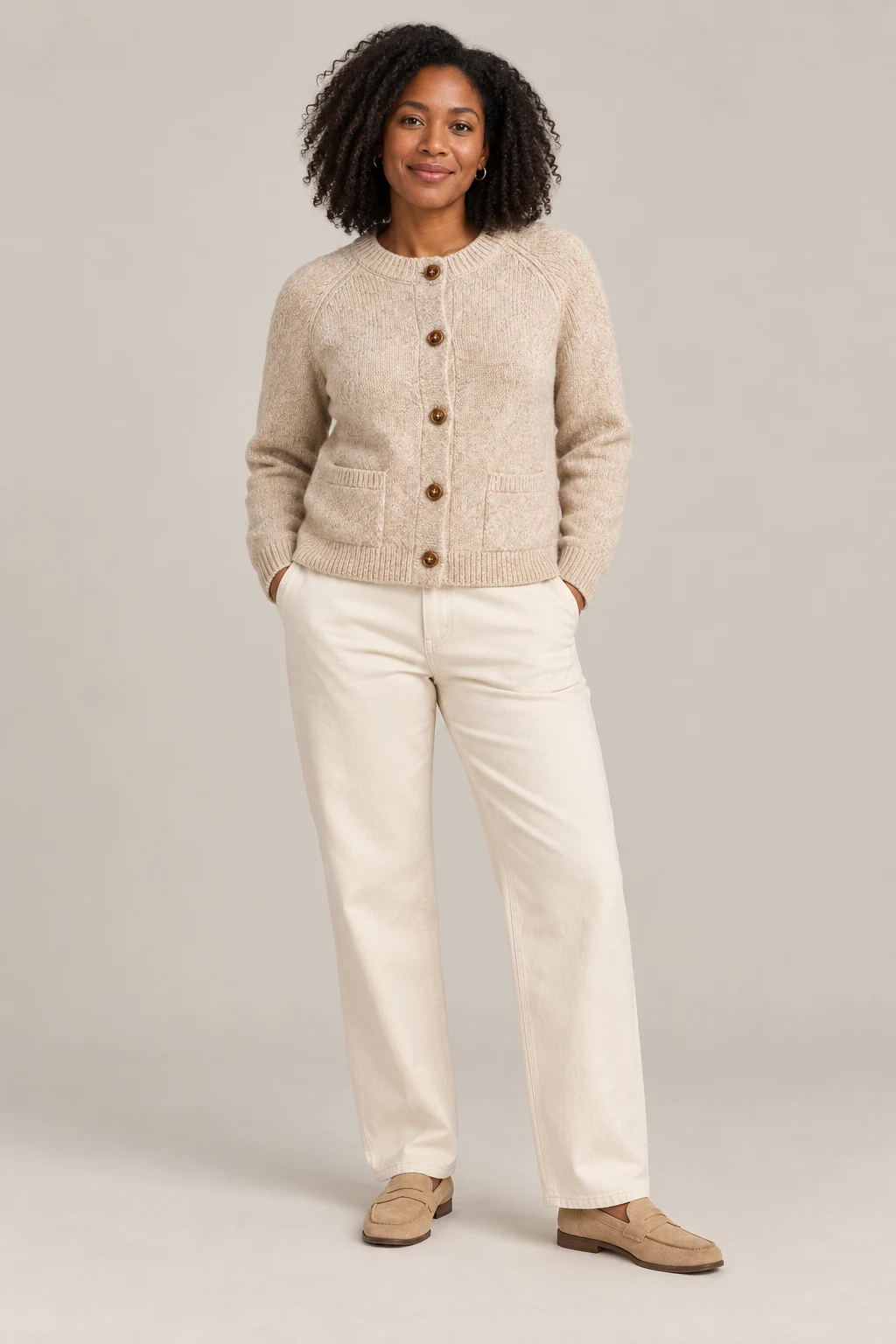 Brushed Soft Cardigan in Oatmeal — On model