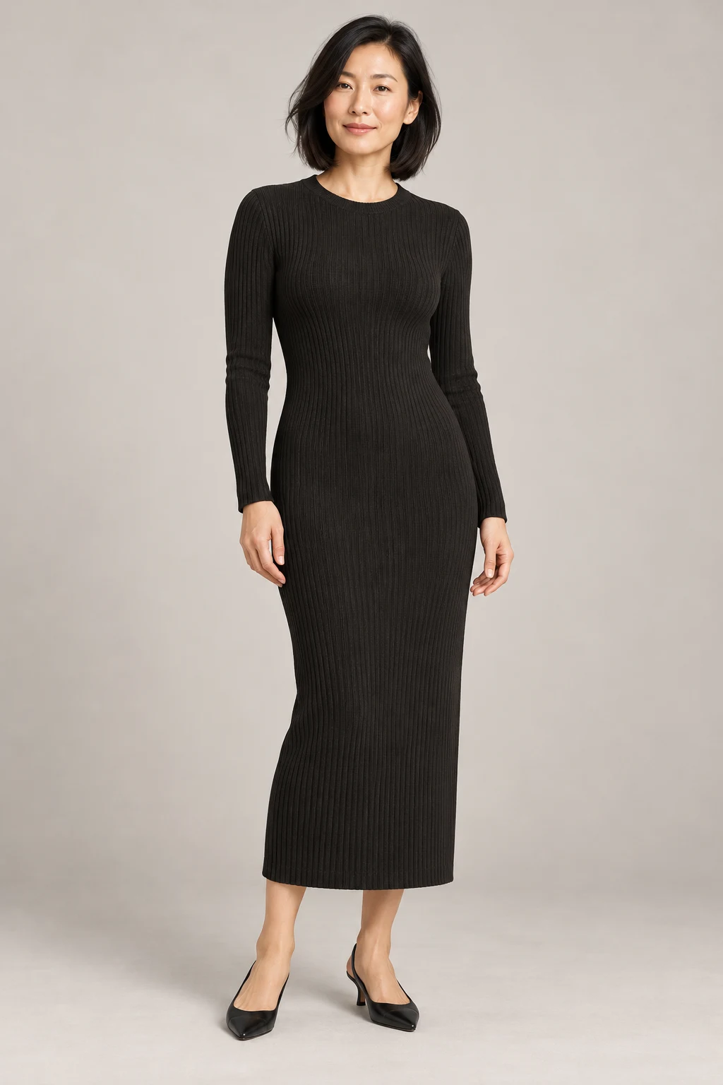 Ribbed Knit Midi Dress in Ink black — On model