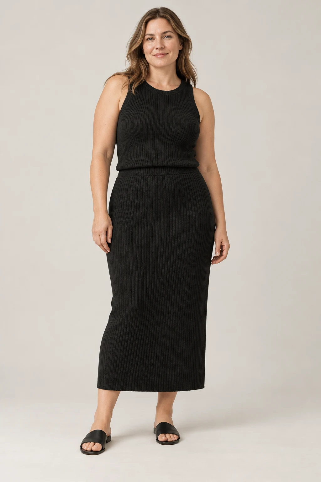 Column Knit Skirt in Ink black — On model