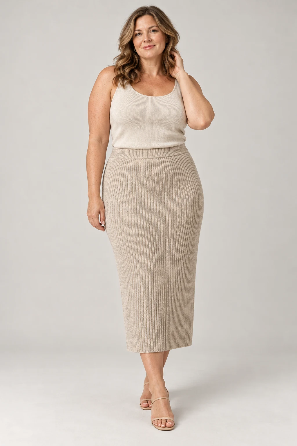 Column Knit Skirt in Oatmeal — On model