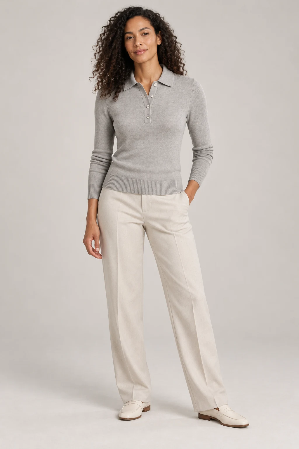 Merino-Blend Polo in Dove grey — On model
