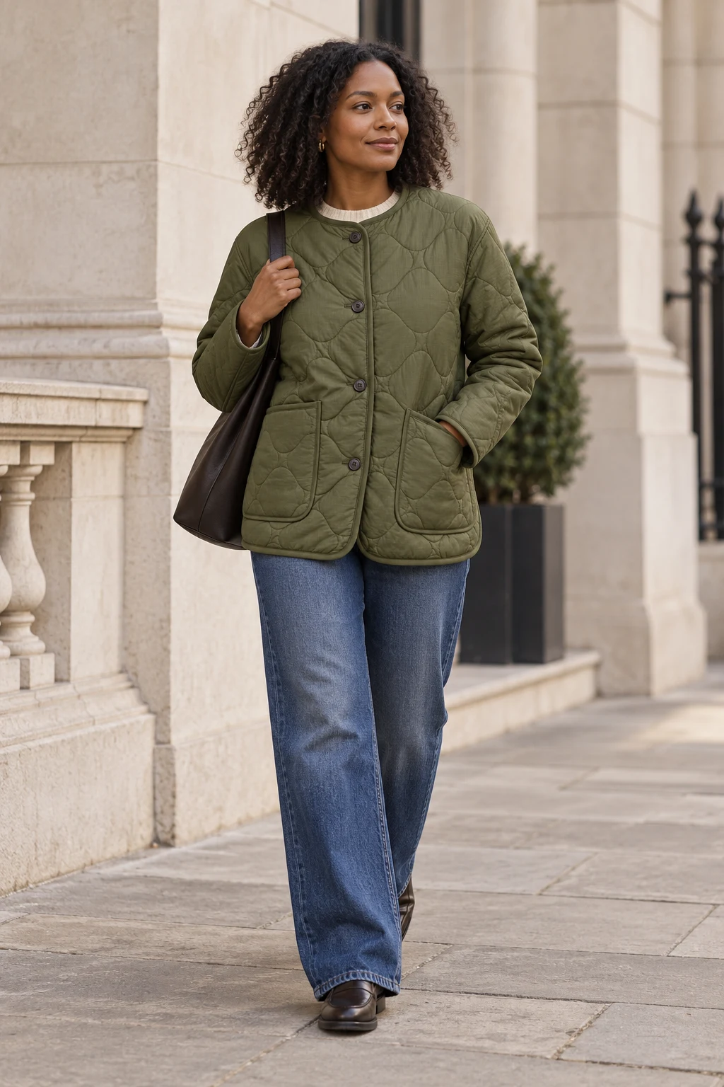 Quilted Liner Jacket in Muted moss — In the city